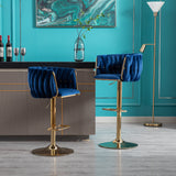 Set of 2  Bar Stools,with Chrome Footrest and Base Swivel Height Adjustable Mechanical Lifting Velvet + Golden Leg Simple Bar Stool-Navy