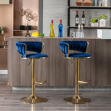 Set of 2  Bar Stools,with Chrome Footrest and Base Swivel Height Adjustable Mechanical Lifting Velvet + Golden Leg Simple Bar Stool-Green