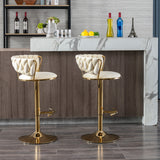 Set of 2  Bar Stools,with Chrome Footrest and Base Swivel Height Adjustable Mechanical Lifting Velvet + Golden Leg Simple Bar Stool-Green