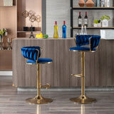 Set of 2  Bar Stools,with Chrome Footrest and Base Swivel Height Adjustable Mechanical Lifting Velvet + Golden Leg Simple Bar Stool-Green