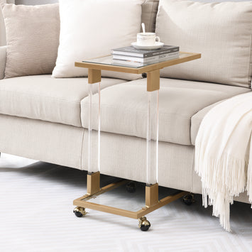 Golden Side Table, Acrylic Sofa Table, Glass Top C Shape Table with Metal Base for Living Room, Bedroom, Balcony Home and Office