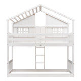 Twin over Twin House Bunk Bed with Roof , Window, Window  Box, Door , with Safety Guardrails and Ladder,White