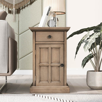 U-Can Classic Vintage Livingroom End Table Side Table with USB Ports and One Multifunctional Drawer with cup holders, Antique Brown (Old SKU: WF296294AAD)