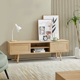 55.12" Rattan TV cabinet, double sliding doors for storage,  adjustable shelf, solid wood legs, TV console for living room ,natural