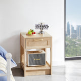 15.75" Rattan End table with  drawer, Modern nightstand, side table for living room, bedroom,white