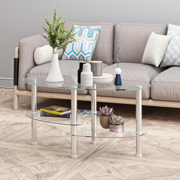 Transparent Oval glass coffee table, modern table with stainless steel  leg, tea table 3-layer glass table for living room