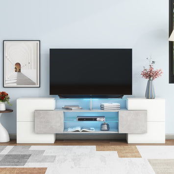 ON-TREND Unique Shape TV Stand with 2 Illuminated Glass Shelves, High Gloss Entertainment Center for TVs Up to 88
