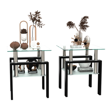 Set of 2, Modern Tempered Glass Tea Table Coffee Table End Table, Square Table for Living Room, Transparent/Black