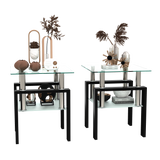 Set of 2, Modern Tempered Glass Tea Table Coffee Table End Table, Square Table for Living Room, Transparent/Black