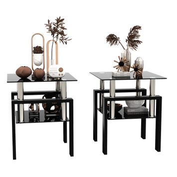 Set of 2, Modern Tempered Glass Tea Table Coffee Table End Table, Square Table for Living Room, Black