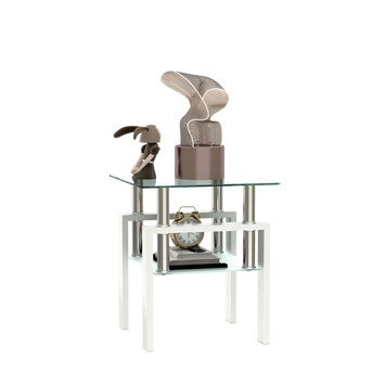 1-Piece Modern Tempered Glass Tea Table Coffee Table End Table, Square Table for Living Room, Transparent/White