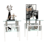 Set of 2, Modern Tempered Glass Tea Table Coffee Table End Table, Square Table for Living Room, Transparent/White