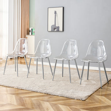 Modern minimalist transparent dining chair, plastic chair, armless crystal chair, Nordic creative makeup stool, negotiation chair, silver plated metal leg 6-piece set, TW-1200