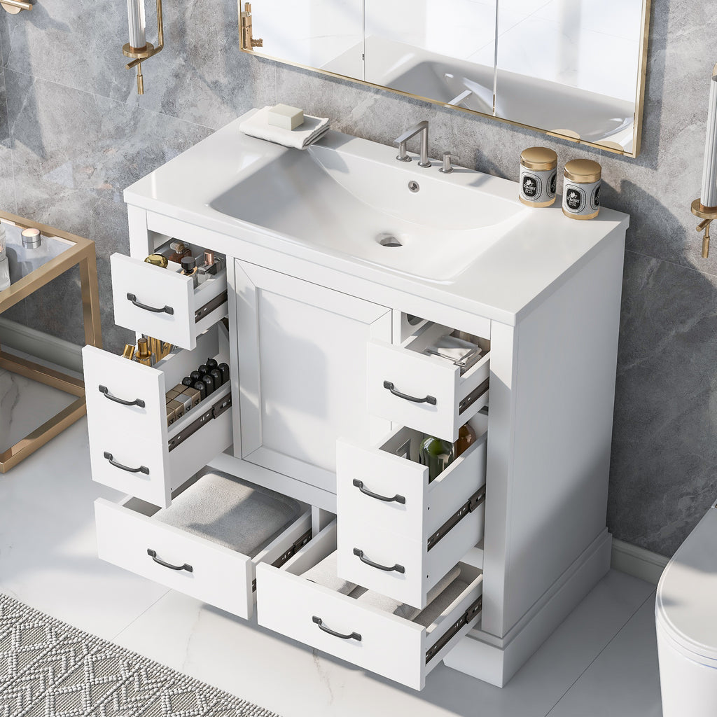 36" Bathroom Vanity with Sink Combo, Six Drawers, Multi-Functional Drawer Divider, Adjustable Shelf, White (Old Sku:SY999808AAK)