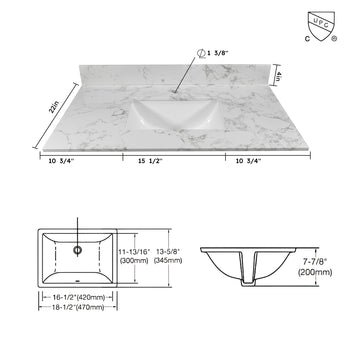 Montary 37inch bathroom vanity top stone carrara white new style tops with rectangle undermount ceramic sink and single faucet hole
