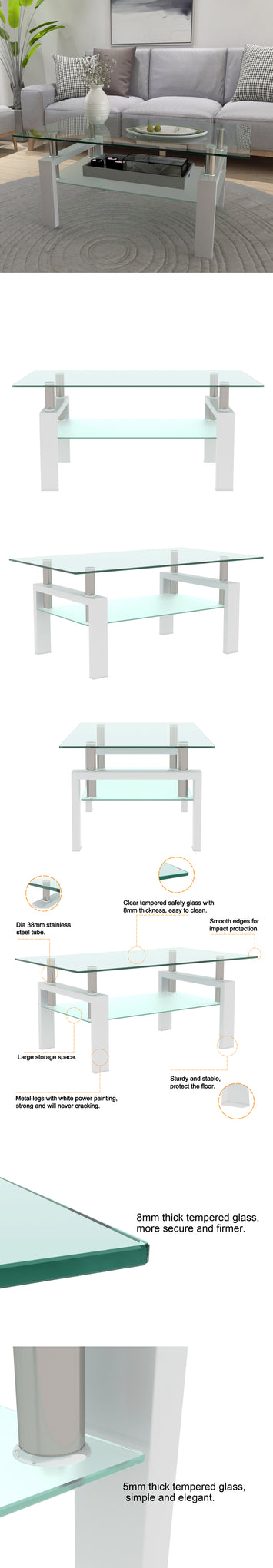 Rectangle Glass Coffee Table, Clear Coffee Table, Modern Side Center Tables for Living Room, Living Room Furniture,white