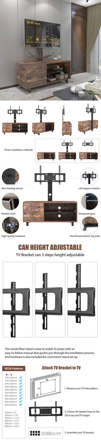 Rustic Brown TV Console with push-to-open Storage Cabinet for TV up to 65in Wood &glass TV Stand for Living Room Bedroom