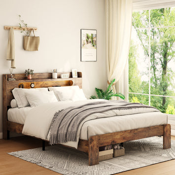 Bed Frame Queen Size, Wood Platform Bed Frame with Storage LED Light Headboard and 2 USB , Noise Free,No Box Spring Needed and Easy Assembly Tool,Large Under Bed Storage,Dark Brown