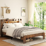 Bed Frame Queen Size, Wood Platform Bed Frame with Storage LED Light Headboard and 2 USB , Noise Free,No Box Spring Needed and Easy Assembly Tool,Large Under Bed Storage,Dark Brown