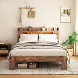 Bed Frame Queen Size, Wood Platform Bed Frame with Storage LED Light Headboard and 2 USB , Noise Free,No Box Spring Needed and Easy Assembly Tool,Large Under Bed Storage,Dark Brown