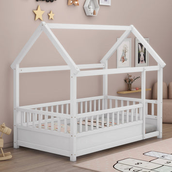 Twin Size Floor Wooden Bed with House Roof Frame, Fence Guardrails,White