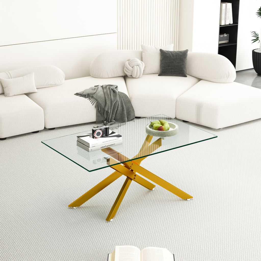 39.37" Rectangular Clear Tempered Glass Coffee Table,Stylish Design with Golden Metal Legs, Coffee Table for Living Room