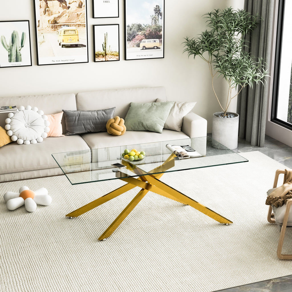 47.2" Rectangular Clear Tempered Glass Coffee Table,Stylish Design with Golden Metal Legs, Coffee Table for Living Room