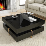 ON-TREND High Gloss Minimalist Design with LED Lights, 2-Tier Square Coffee Table, Center Table for Living Room, 31.5''x31.5''x14.2'',Black