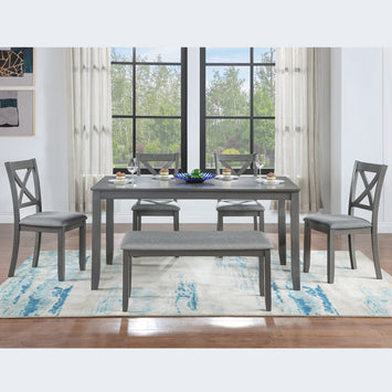 6 Piece Kitchen Dining Set, Rectangular Wooden Dining Table with 4 Upholstered Chairs and a Bench, Dining Table Set for 6 People, Living Room, Home Bar and Kitchen, Gray