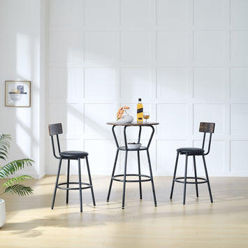 Round bar table and stool set with shelf, upholstered stool with backrest, Rustic Brown, 24.17
