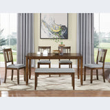 6 Piece Kitchen Dining Set, Rectangular Wooden Dining Table with 4 Upholstered Chairs and a Bench, Dining Table Set for 6 People, Living Room, Home Bar and Kitchen, Gray
