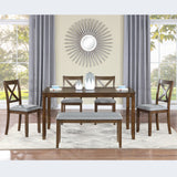 6 Piece Kitchen Dining Set, Rectangular Wooden Dining Table with 4 Upholstered Chairs and a Bench, Dining Table Set for 6 People, Living Room, Home Bar and Kitchen, Gray