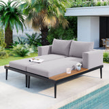 TOPMAX Modern Outdoor Daybed Patio Metal Daybed with Wood Topped Side Spaces for Drinks, 2 in 1 Padded Chaise Lounges for Poolside, Balcony, Deck, Beige