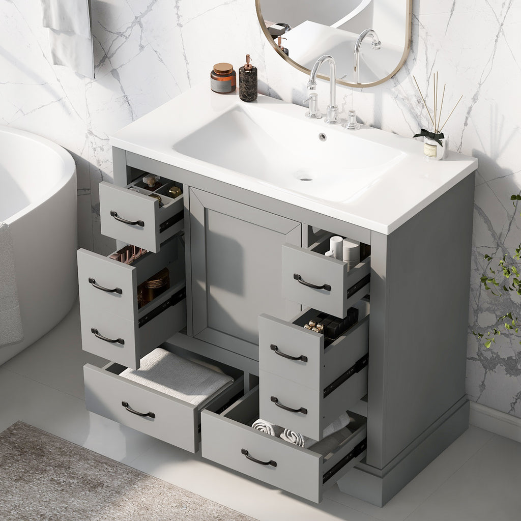 36" Bathroom Vanity with Sink Combo, Six Drawers, Multi-Functional Drawer Divider, Adjustable Shelf, Grey (Old Sku:SY999808AAE)