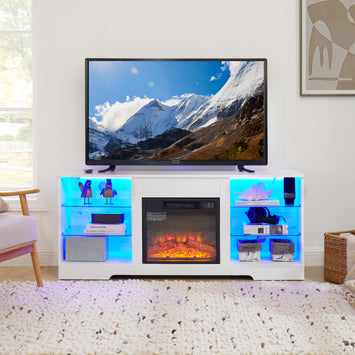 TV Stand Electric Fireplace TV Stand with Glass Shelves, 3D Fireplace TV Stand with LED Lights Wood with USB Charging Outlet Modern Television Table Center for TV up to 32-62