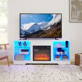 TV Stand Electric Fireplace TV Stand with Glass Shelves, 3D Fireplace TV Stand with LED Lights Wood with USB Charging Outlet Modern Television Table Center for TV up to 32-62" White 58''W*15.4''D*24.6
