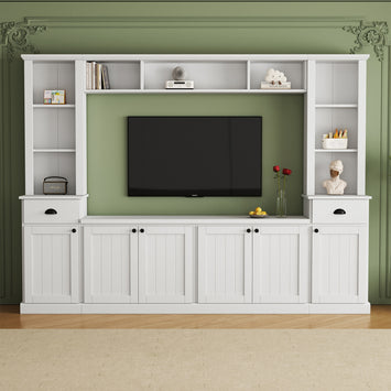 Minimalist Entertainment Wall Unit Set with Bridge for TVs Up to 75'', Ample Storage Space TV Stand with Adjustable Shelves, Modernist Large Media Console for Living Room, White (OLD SKU: SD000031AAK)
