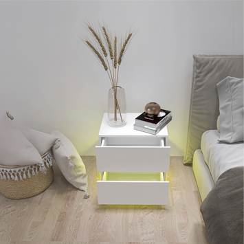 White Color High Glossy 2 Drawers Bedside Table with RGB Led Light Nightstand with Bluetooth Control