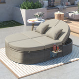 TOPMAX Outdoor Sun Bed Patio 2-Person Daybed with Cushions and Pillows, Rattan Garden Reclining Chaise Lounge with Adjustable Backrests and Foldable Cup Trays for Lawn, Poolside, Beige