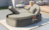 TOPMAX Outdoor Sun Bed Patio 2-Person Daybed with Cushions and Pillows, Rattan Garden Reclining Chaise Lounge with Adjustable Backrests and Foldable Cup Trays for Lawn, Poolside, Beige