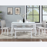 6 Piece Wooden Dining Table Set, Wooden Dining Table with 4 Upholstered Chairs and Bench for 6 People, Rectangular Dining Table Set with Crystal Decoration for Kitchen, Dining Room, White