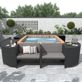 Spa Surround Spa Frame Quadrilateral Outdoor Rattan Sectional Sofa Set with Mini Sofa,Wooden Seats and Storage Spaces, Beige