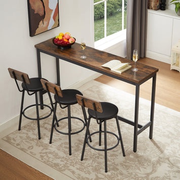Long Bar Table Set with 3 PU Upholstered Bar Stools, Industrial Bar Table and Chairs for Kitchen Breakfast Table, Living Room, Banquet Hall, Rustic Brown and Black, 63″L x15.7
