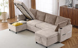 1113.4" Sectional Sofa Pull-out Sofa Bed Versatile Sofa Sleeper with Large Storage Space, Two USB Ports and Two Cup Holders for Living Room(Old SKU:N719S001660D), Brown