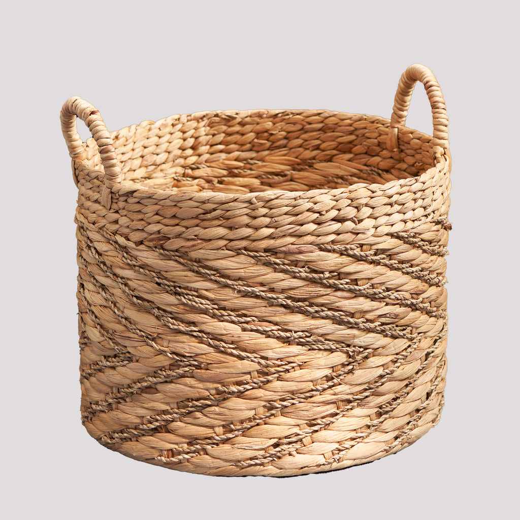 Isidore Round Water Hyacinth Seagrass Woven Basket with Handles - 15" x 15" x 11.8" - Natural Brown - For Clothes, Towels, Canvas, Toys and Magazine Storage and Home Decoration