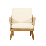 Outdoor 4-Piece Acacia Wood Chat Set with Rope, 1 loveseat and 2 club chairs Acacia Wood Conversation Sofa and 1 Table Set with Water Resistant Cushions, Teak Finished for Outdoor