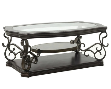 Cocktail Table, Glass table top, MDF W/marble paper middle shelf, powder coat finish metal legs. (52