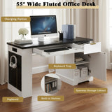 55" Modern Fluted Office Desk with Storage Cabinet & Drawers, Computer Writing Desk with Power Outlet, Pegboard, Built-in Shelves and Keyboard Tray for Study, Living Room, Home Office, White
