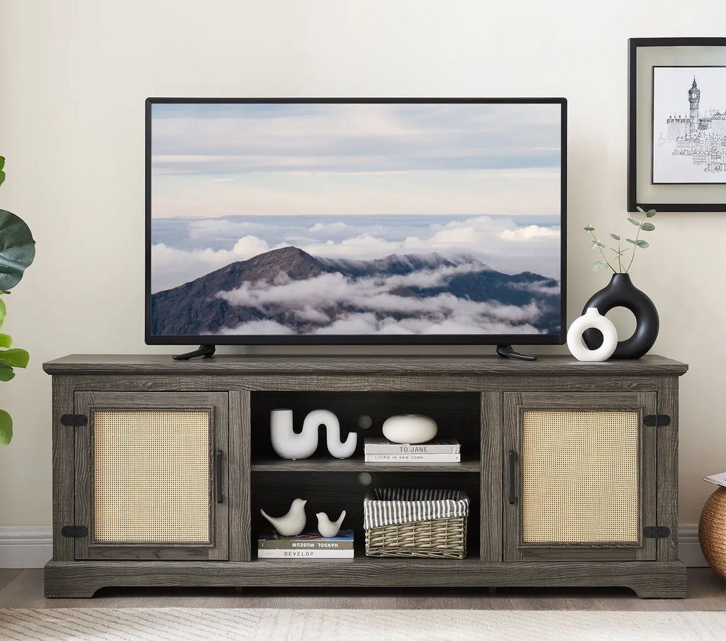 Farmhouse Rattan TV Stand Console Table for TVs up to 70 Inches, TV Console Table with 2 Storage Shelves, 2 Natural Rattan Door Cabinets, 65"W*15.55"D*23.86"H, Gray