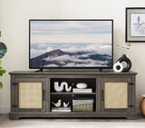 Farmhouse Rattan TV Stand Console Table for TVs up to 70 Inches, TV Console Table with 2 Storage Shelves, 2 Natural Rattan Door Cabinets, 65"W*15.55"D*23.86"H, Gray